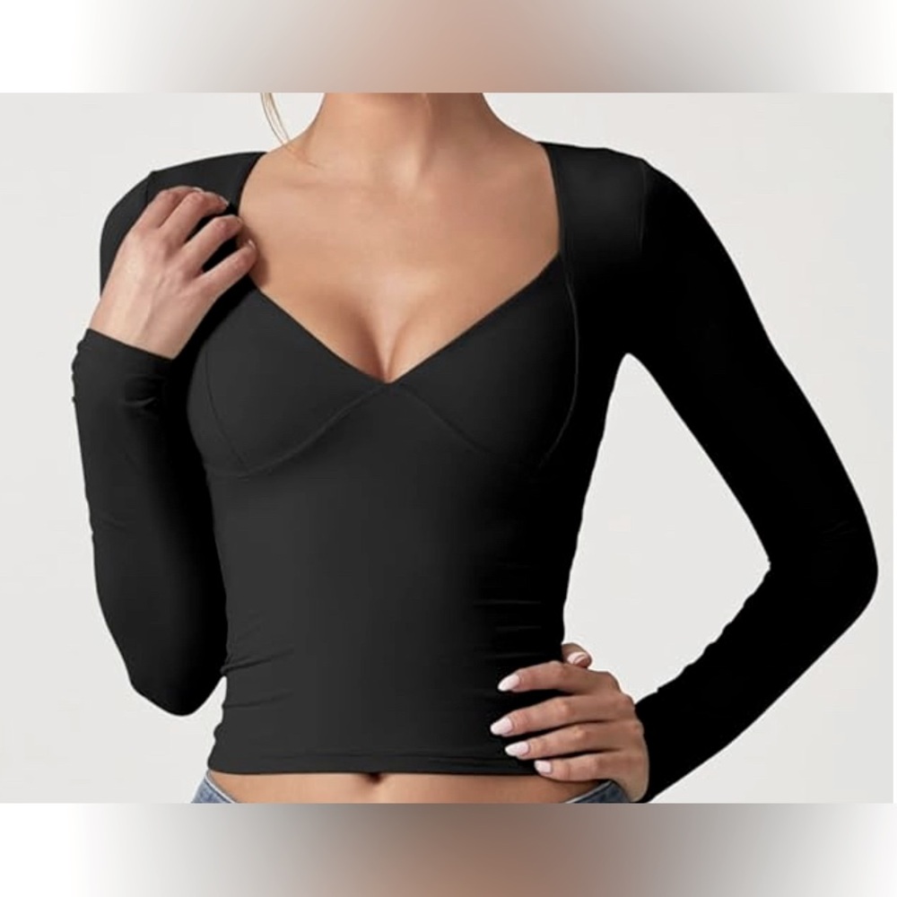 QINSEN Long Sleeve T Shirt Women Double Lined Tee Sexy V Neck Seamed Black S